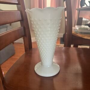 Anchor Hocking Hobnail Milk Glass Large Trumpet Vase Dot and Dash,  Scallop Edge